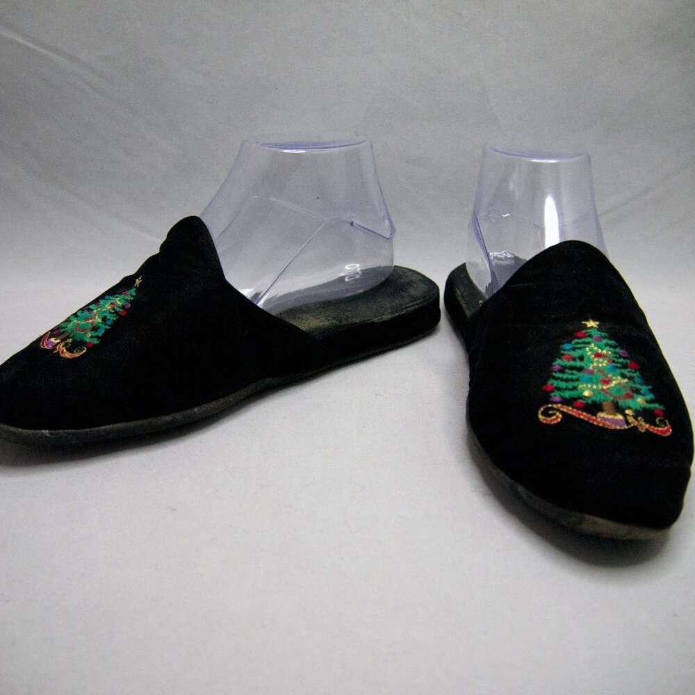 Vintage Velvet Christmas Slippers Embroidered House Shoes with Leather Sole